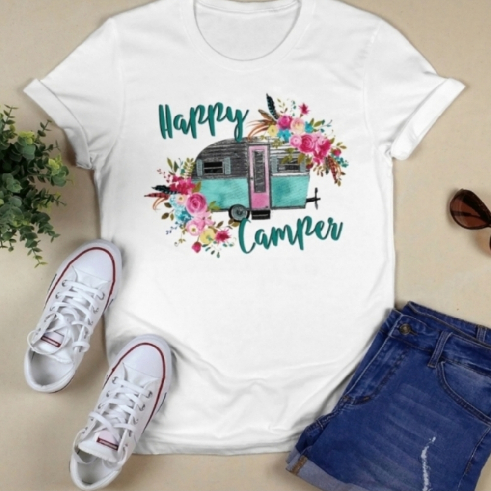 🏕🌺New White 'Happy Camper' Graphic T-Shirt🏕🌺